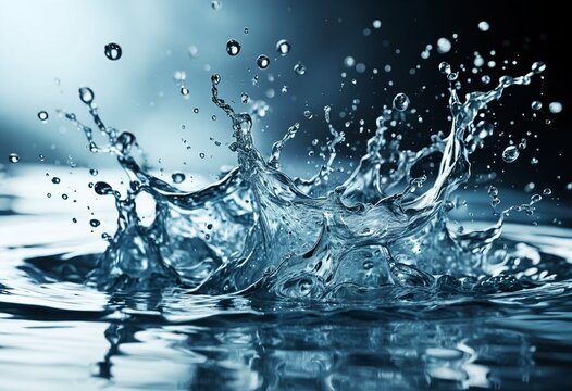 Water splashes with bubbles. Clean fresh blue spring water. Wavy surface water. Hyaluronic serum splash. Clear liquid skin care cosmetic product texture. For product presentation, advertise poster.