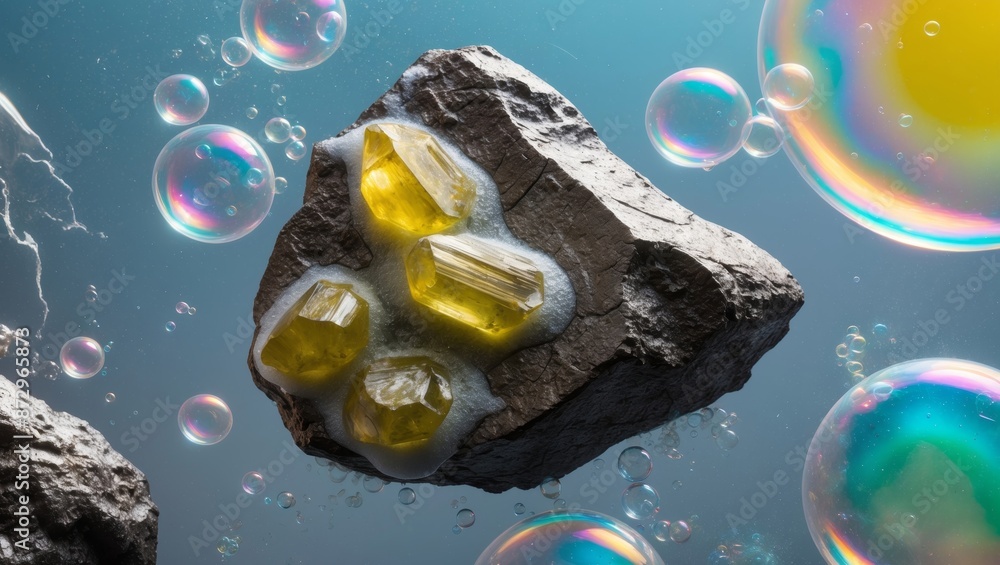 Poster Gray rock with yellow crystals floating in water with soap bubbles