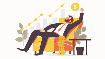 Passive income and market investing flat vector illustration. Investor man relax in chair and get money profits, stock dividends. Remote freelance work or trading online. Financial freedom concept.