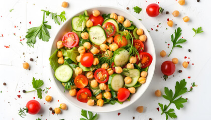 Tasty salad with chickpeas, cherry tomatoes and cucumbers isolated on white, top view