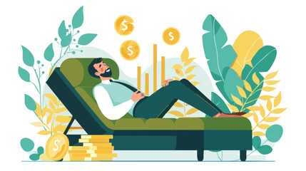 Passive income and market investing flat vector illustration. Investor man relax in chair and get money profits, stock dividends. Remote freelance work or trading online. Financial freedom concept.