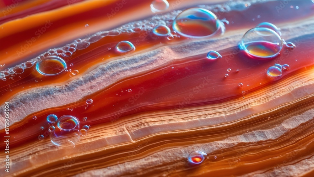 Poster Water droplets on a red and white striped agate