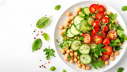 Tasty salad with chickpeas, cherry tomatoes and cucumbers isolated on white, top view