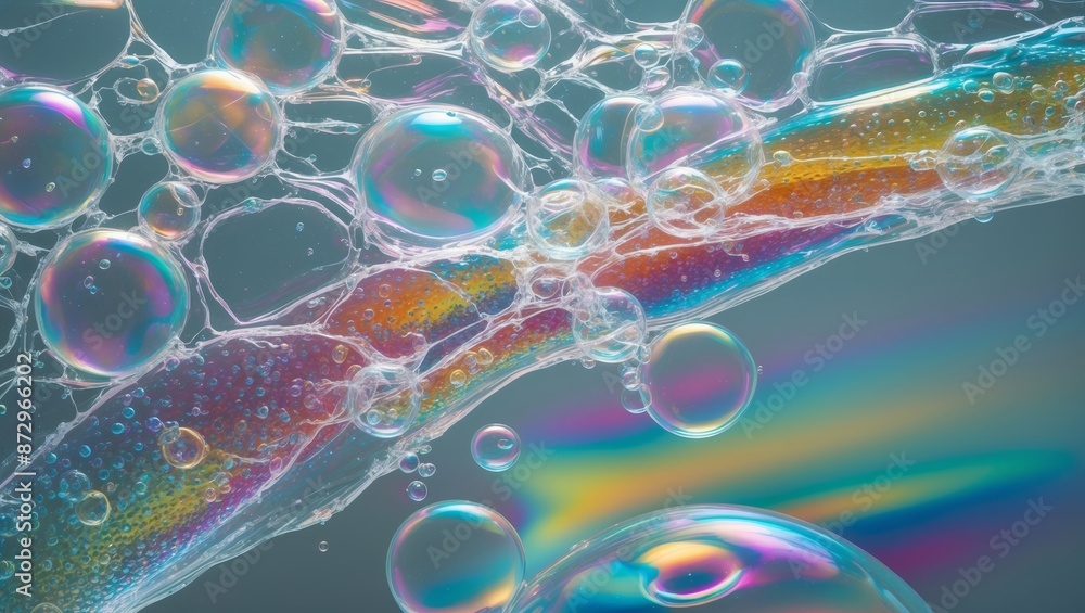 Sticker Close-up view of iridescent bubbles with rainbow patterns on a blue background