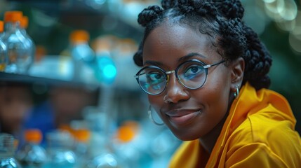 Obraz premium Portrait of a young woman wearing glasses and a yellow jacket, smiling confidently with laboratory glassware in the background, suggesting a scientific or research setting