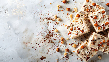 Pieces of delicious nutty nougat on light gray table, top view. Space for text