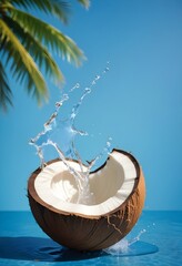 a coconut with water splashing out of it against a bright blue background, smartphone background  3:2 9:16 format
