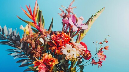 A vibrant bouquet of tropical and exotic flowers arranged on a bright blue background, featuring various colorful blooms like orchids, roses, and lilies, accented with lush green leaves