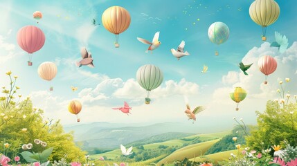Fototapeta premium Whimsical children's picture of animals and birds floating on balloons against a backdrop of nature, perfect for creating custom digital printing wallpaper.