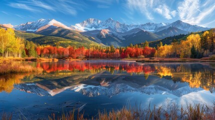 A panoramic view of a serene mountain landscape in autumn, colorful trees with red, orange, and yellow leaves, a crystal-clear lake reflecting the mountains, snow-capped peaks in the background