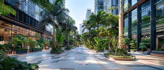 Naklejka premium A modern pedestrian walkway lined with palm trees and lush greenery between two office buildings.