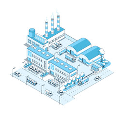 Factory and production warehouses - vector isometric illustration. Industrial area of the city, electricity, manufacturing, logistics and loading of goods, trucks and highways and city traffic
