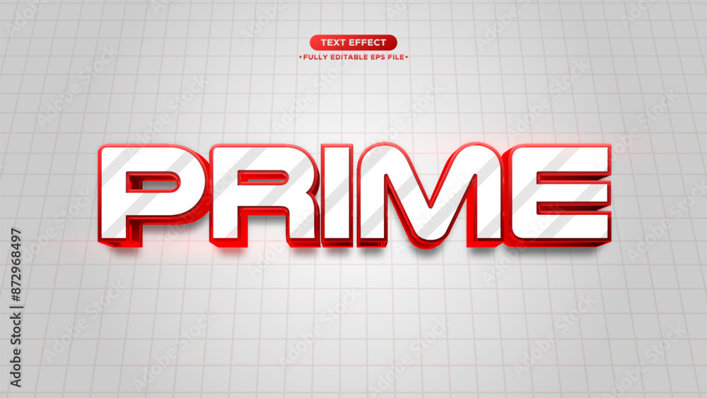 Poster prime 3d vector text effect with chrome effect. red and shiny color style