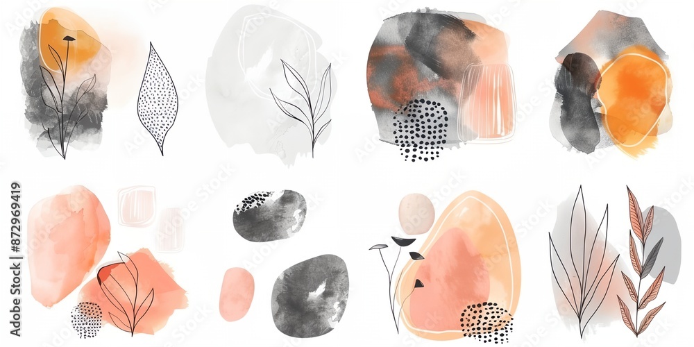 Poster a set of watercolor artworks featuring various shapes and patterns, including leaves, rocks, and oth