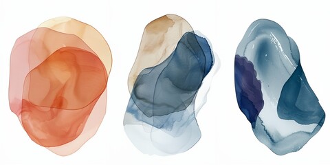 Naklejka premium Three abstract paintings with different colors and shapes. The paintings are blue, red, and yellow. The blue painting is the largest and has a lot of detail