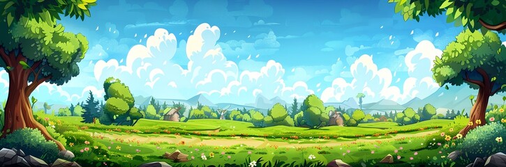 A computer generated image of a lush green field with a clear blue sky. The sky is dotted with clouds, and there are two trees in the foreground. Scene is peaceful and serene, with the vast open space