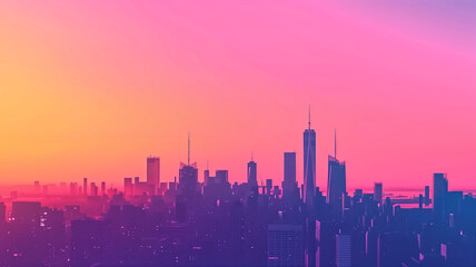 Fototapeta premium Vibrant City Skyline at Sunset with Colorful Gradient Sky and Silhouetted Skyscrapers