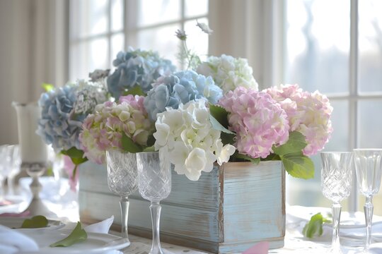 Wedding table setting with pastel colored hydrangeas in a metal planter. - Powered by Adobe