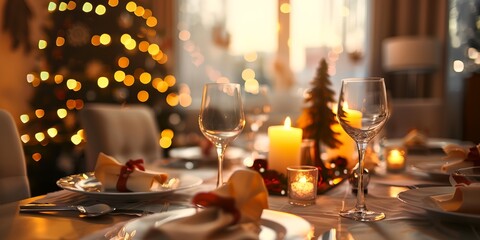 A table with a Christmas tree in the background and a lit candle. There are wine glasses and a fork and knife on the table