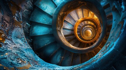 Fototapeta premium A mesmerizing view of a beautifully designed spiral staircase with vibrant blue and gold hues, showcasing intricate architectural details and a dramatic play of light and shadow