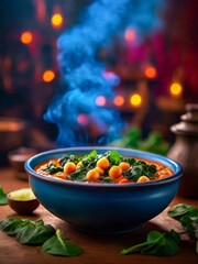 Espinacas con garbanzos, spanish spinach Food photography, neon glowing lights in background, cinematic