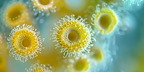 A close up of yellow and blue flowers with a blue background. The flowers are yellow and have a fuzzy appearance