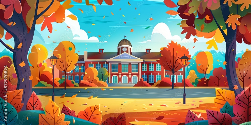 Poster a colorful autumn scene with a large brick building in the background. the leaves on the trees are f