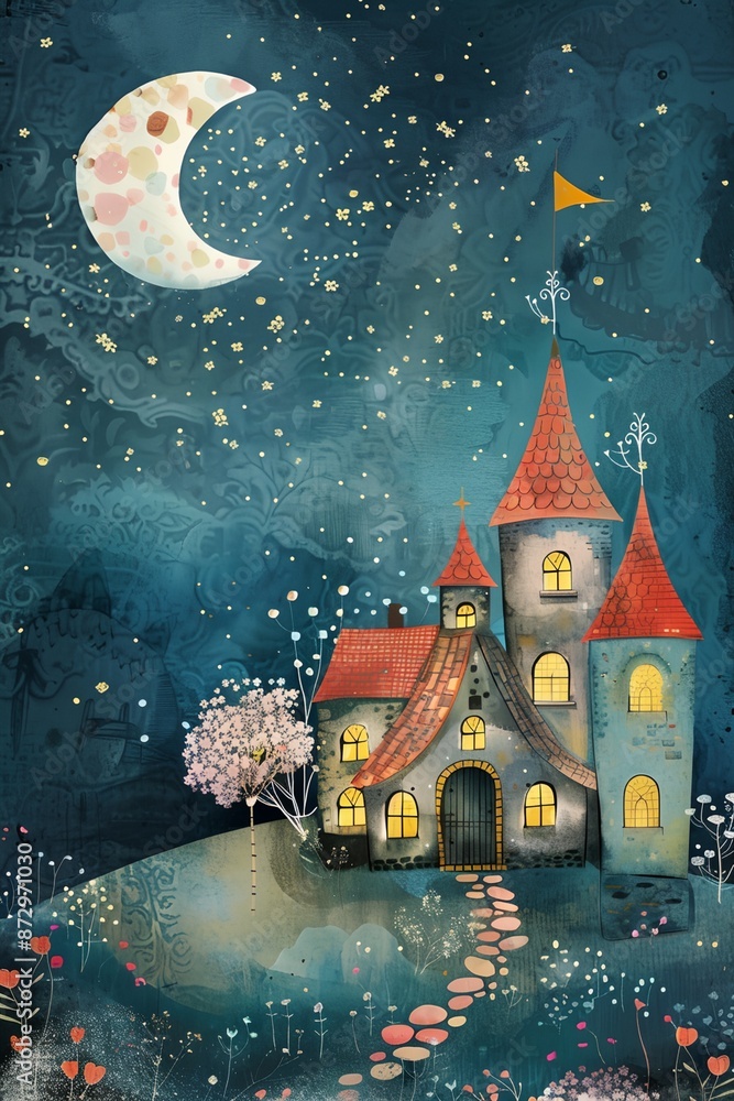 Aufkleber a castle with a red roof and a large moon in the sky. the castle is surrounded by a path and there a