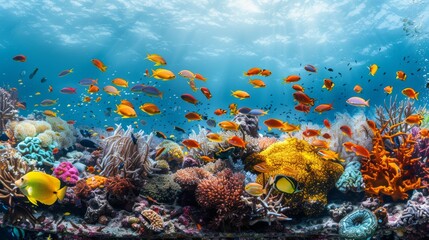 Naklejka premium School of fish underwater in the coral reef swimming amidst coral reefs, showcasing the vibrant underwater world of summer vacations isolated on solid white background 