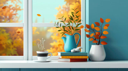 Autumn window scene with book stack, flat design for literacy encouragement