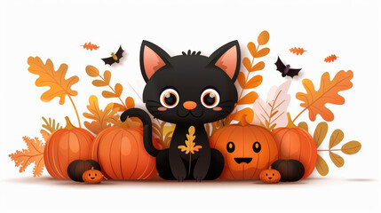 Black cat and pumpkins on autumn-themed flat design background.