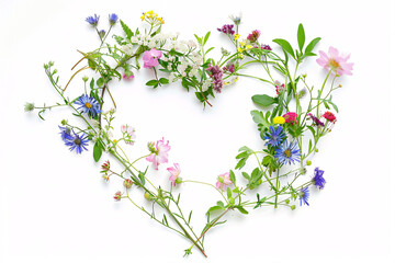 A heart-shaped arrangement of various colorful flowers and green stems on a white background symbolizing love