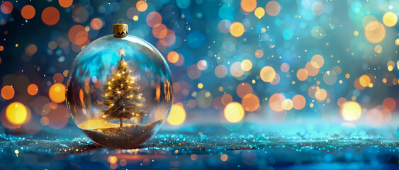 Fondo festivo de Navidad con un árbol dorado dentro de una bola de cristal transparente sobre un fondo de luces bokeh azules, pancarta para Año Nuevo y celebración navideña al estilo de Navidad.