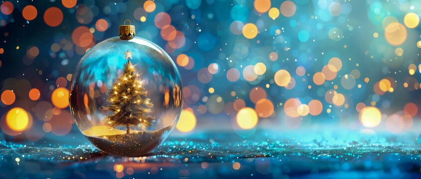Fondo festivo de Navidad con un &aacute;rbol dorado dentro de una bola de cristal transparente sobre un fondo de luces bokeh azules, pancarta para A&ntilde;o Nuevo y celebraci&oacute;n navide&ntilde;a al estilo de Navidad.