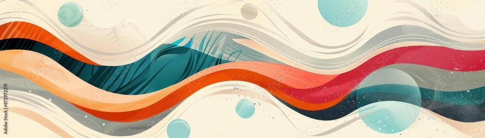 Poster abstract colorful wave pattern with smooth curves and circular elements on a light background, creat