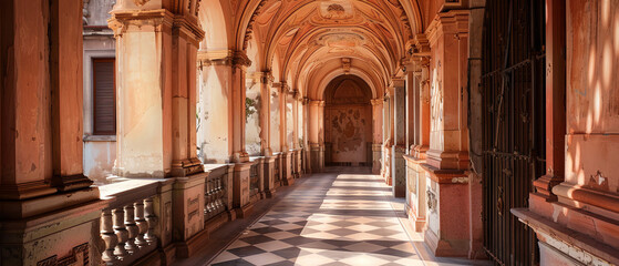 Fototapeta premium A long, arched hallway with columns and a checkered floor, bathed in warm sunlight.