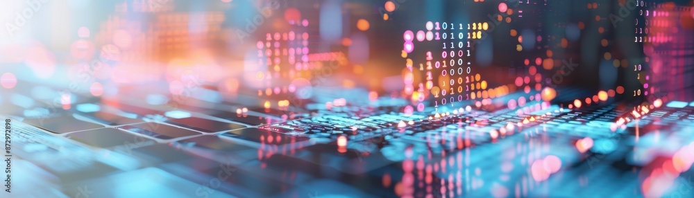 Poster abstract digital technology background with vibrant colors and light effects, representing data comm