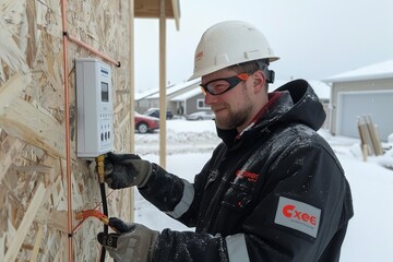 Worker Installing Outdoor Thermostat On Winter Day