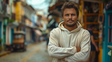 Obraz premium Young Man Wearing A Hoodie Stands In A Colorful Street In Colombia