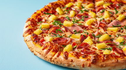Close-up of a freshly baked Hawaiian pizza with ham, pineapple, and herbs on a blue background