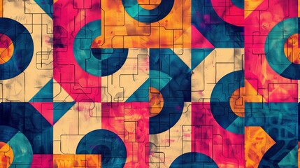 Obraz premium Retro-inspired pattern, bold geometric shapes, vibrant colors, and distressed background.