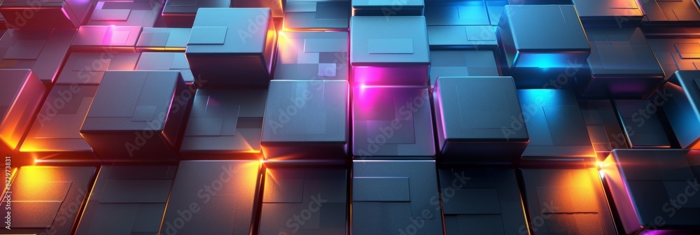 Poster abstract geometric blocks with neon lighting. a close-up of abstract geometric blocks with vibrant n