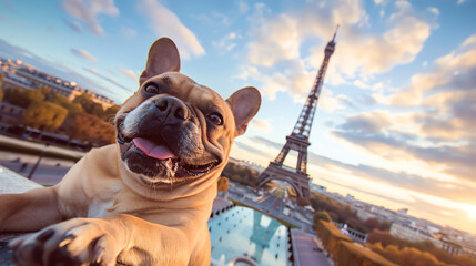 A French Bulldog smiling with the Eiffel Tower in the background.