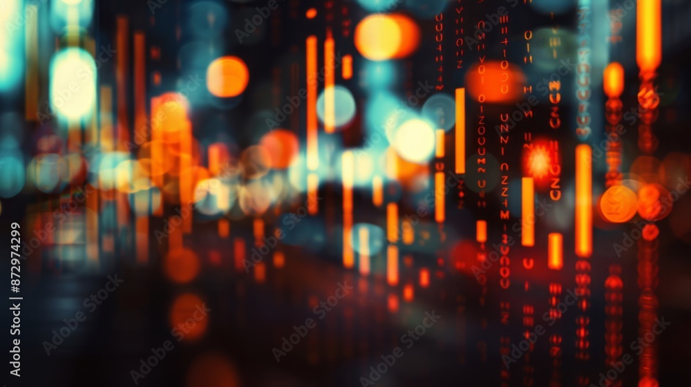 Poster panoramic view of financial charts on a dark background with blurred elements and selective focus, i