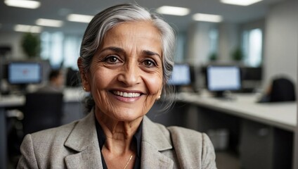 Obraz premium A smiling elderly woman with silver hair, wearing a gray blazer, inside a modern office setting with computers and colleagues in the background.