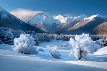 Obraz premium Snow-covered trees and a pristine winter landscape with majestic mountains under a clear blue sky.