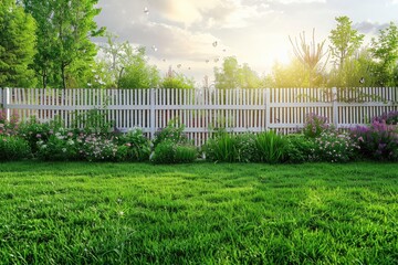 White Fence and Green Grass Garden: Idyllic Spring Landscape
