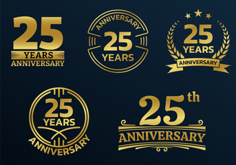 25 years icon or logo set. 25th anniversary celebrating golden sign or stamp. Jubilee, birthday celebration design element. Vector illustration.