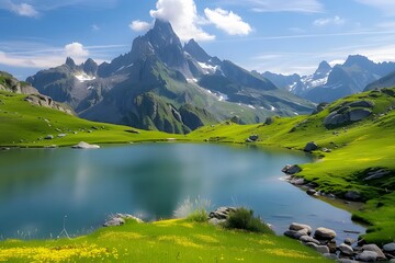 Fototapeta premium Serene mountain lake surrounded by lush green meadows and towering peaks under a vibrant blue sky.