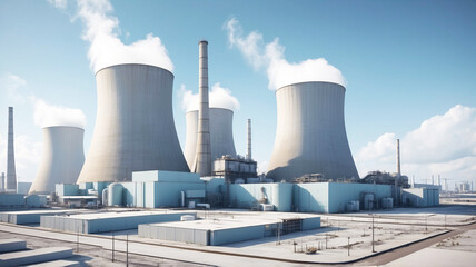 Fototapeta premium Nuclear power plant with cooling towers, steam and chimneys. Nuclear, zero emission, clean energy concept